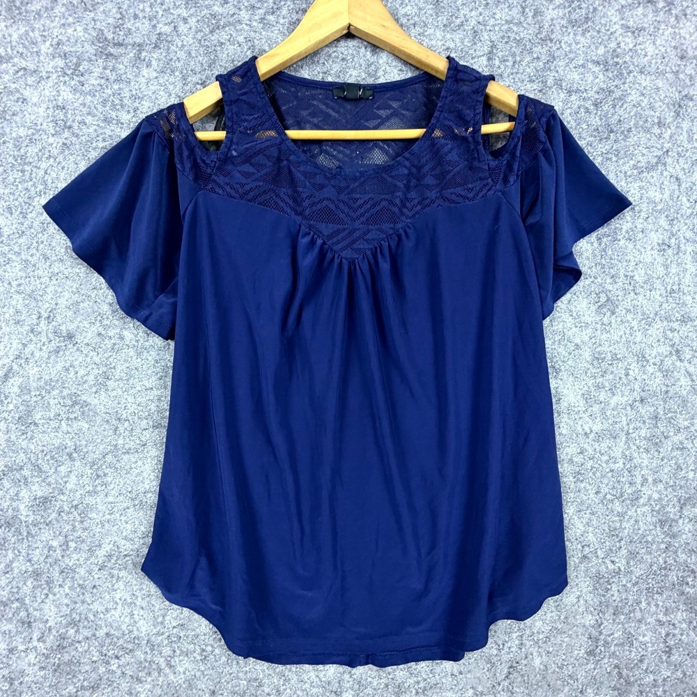 Auw Blouse Top Womens Medium Blue Stretch Pleated Lace Mesh Yoke Flutter Sleeve